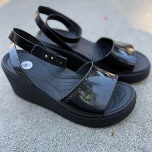 CROCS Black Patent Wedge Sandals